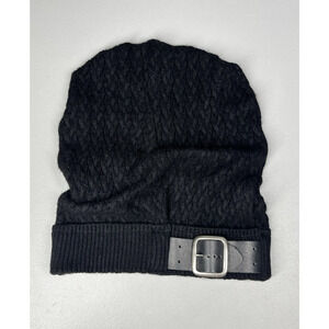 Cable Knit Cashmere Slouchy Beanie Hat OS Black Buckle Designer Luxury Made USA